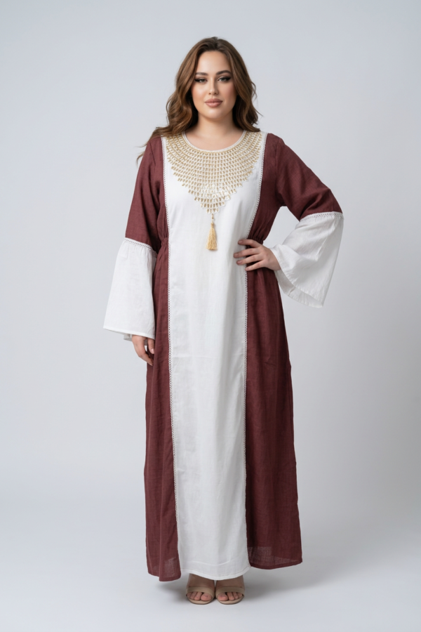 Two-tone linen dress in camel brown color