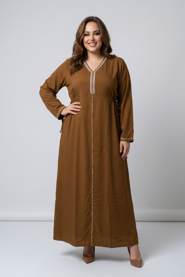 Brown Linen Abaya with Side Belt